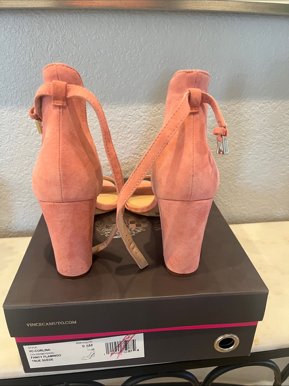 Vince Camuto Flamingo Pink Suede Block Heel Sandals - Picture 5 of 7